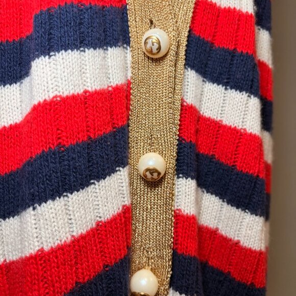 GUCCI Pearl Button, Red/White/Navy Cashmere Wool Cardigan - Picture 4 of 7
